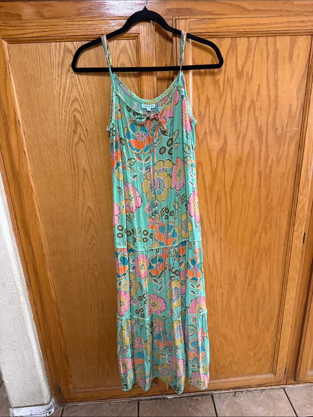 Nostalgia Mint Green Floral Tiered Maxi Dress with Pink & Orange Flowers